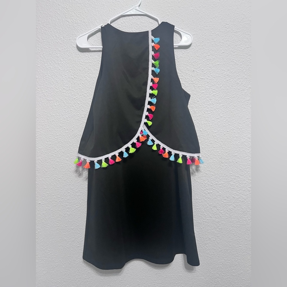 Black slew dress with colorful Pom Poms Sz Large